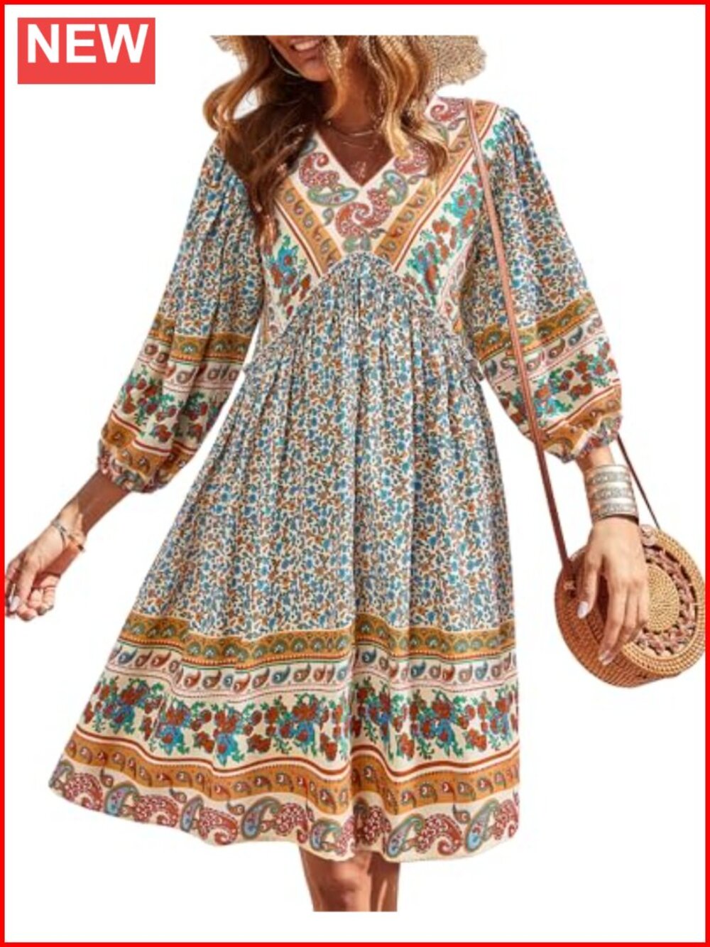Women's Floral Mini Dress - V-Neck Ruffle 3/4 Sleeve Swing A-Line Rayon